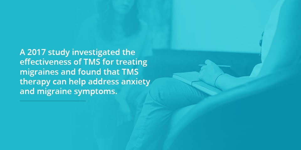 graphic with blue overlay showing someone on a couch with a notepad and caption explaining how a 2017 study found that TMS can help anxiety with migraine symptoms