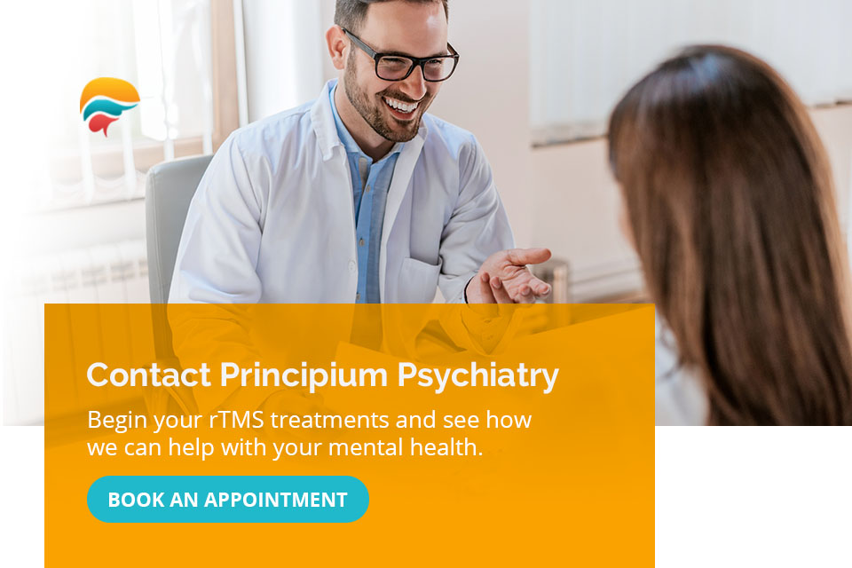 Dr. smiling and talking with a patient overlaid with a graphic explaining how you should contact Principium Psychiatry for treatment 